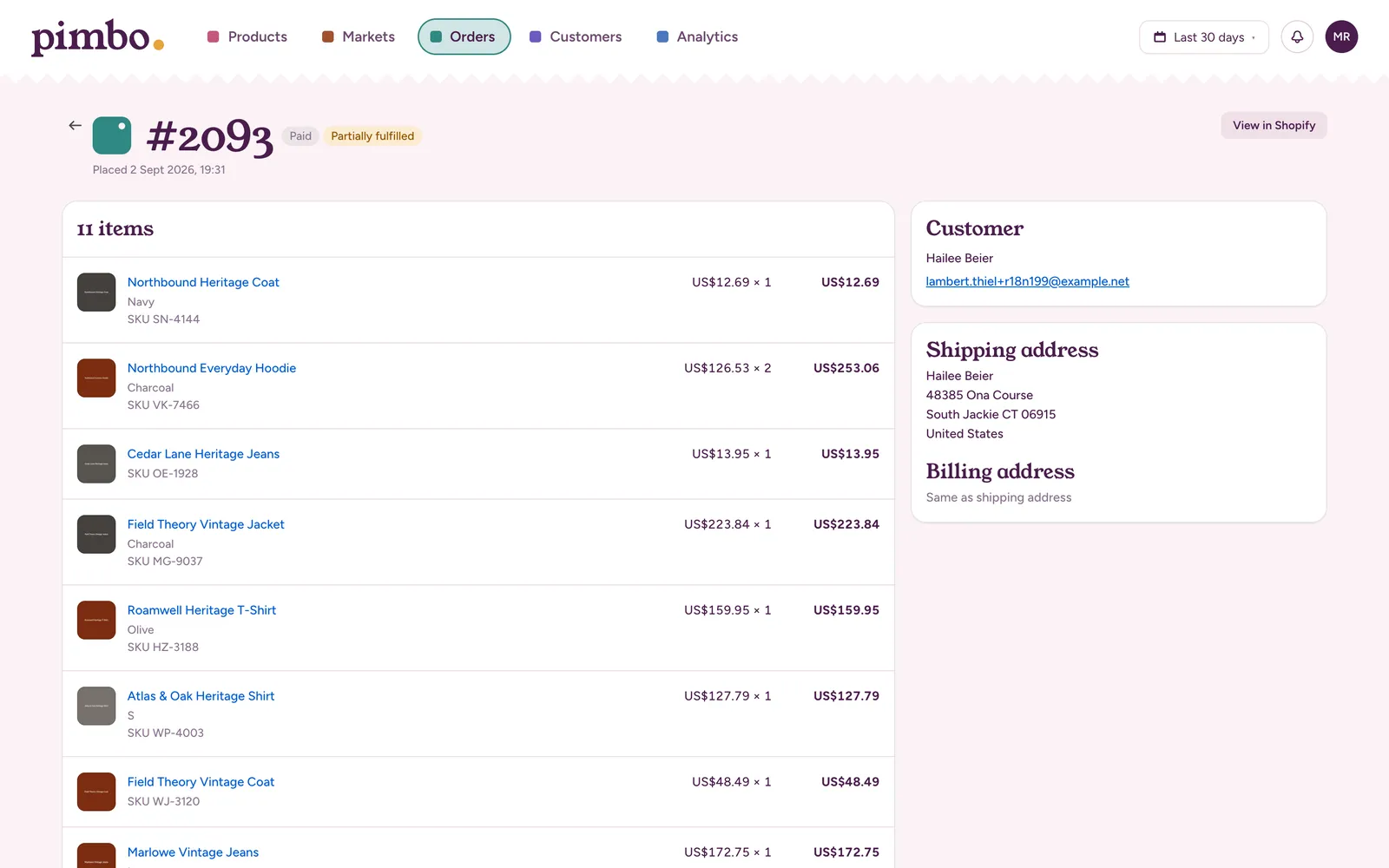 An order with its payment and fulfilment status, its items with variants and SKUs, the customer and the shipping address.