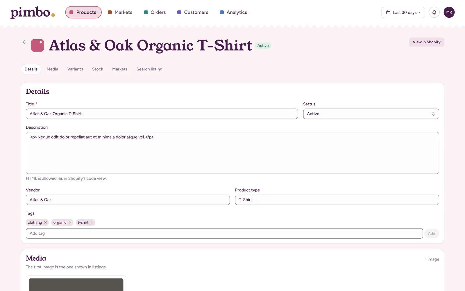 The product editor for a T-shirt, with its details, images and variants.